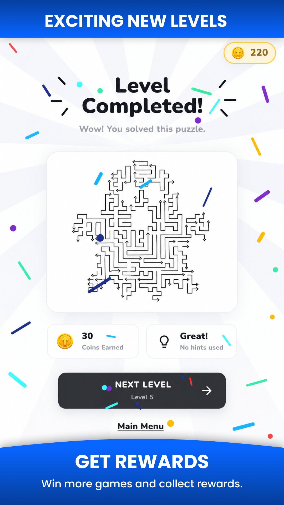 Arrow Quest level completed: a maze of arrows, coins earned, and the next level button.